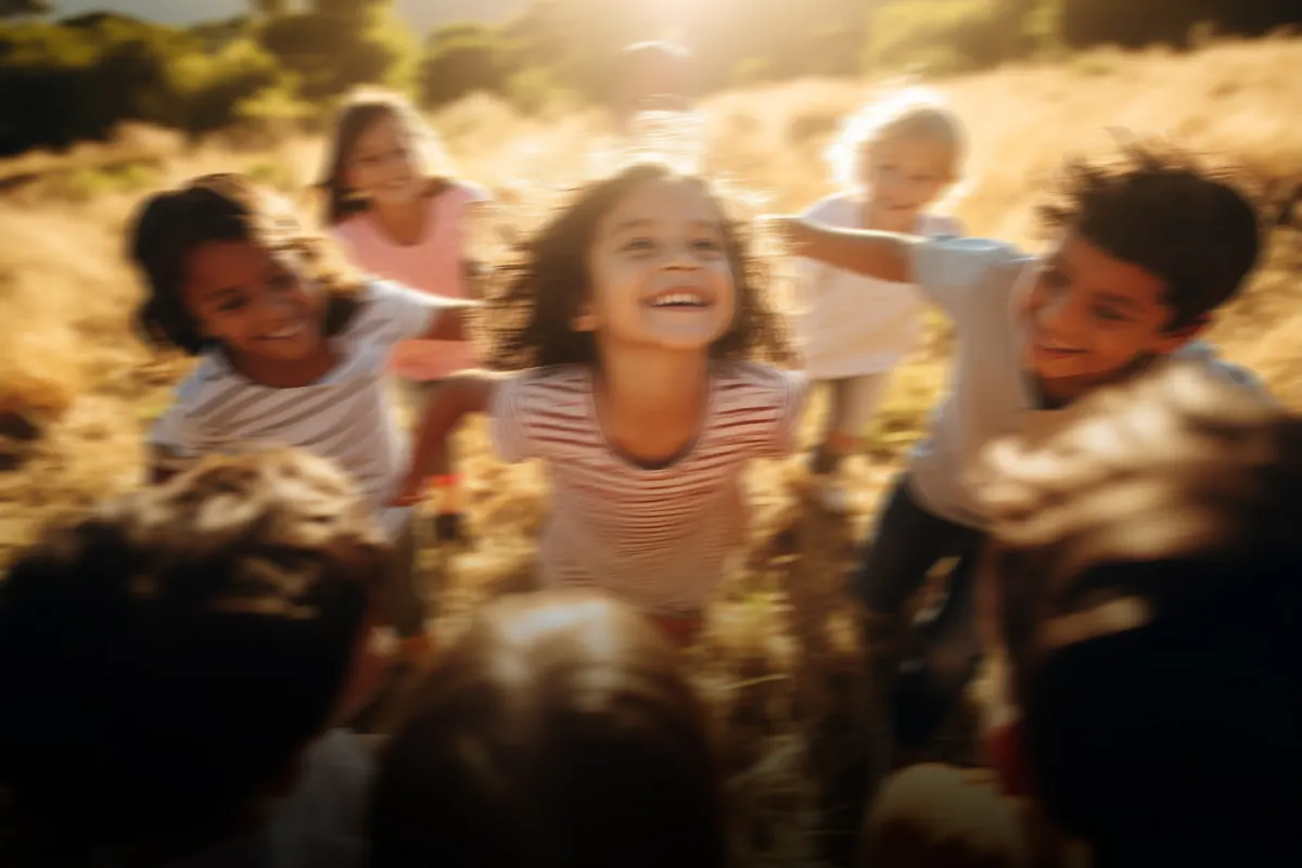 Lachende Kinder laufen gemeinsam im Kreis über eine sonnige Wiese.